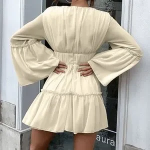 Missord Plunging Neck Frill Ruffle Hem Chiffon Dress Missord Plunging Neck Frill Ruffle Hem Chiffon Dress